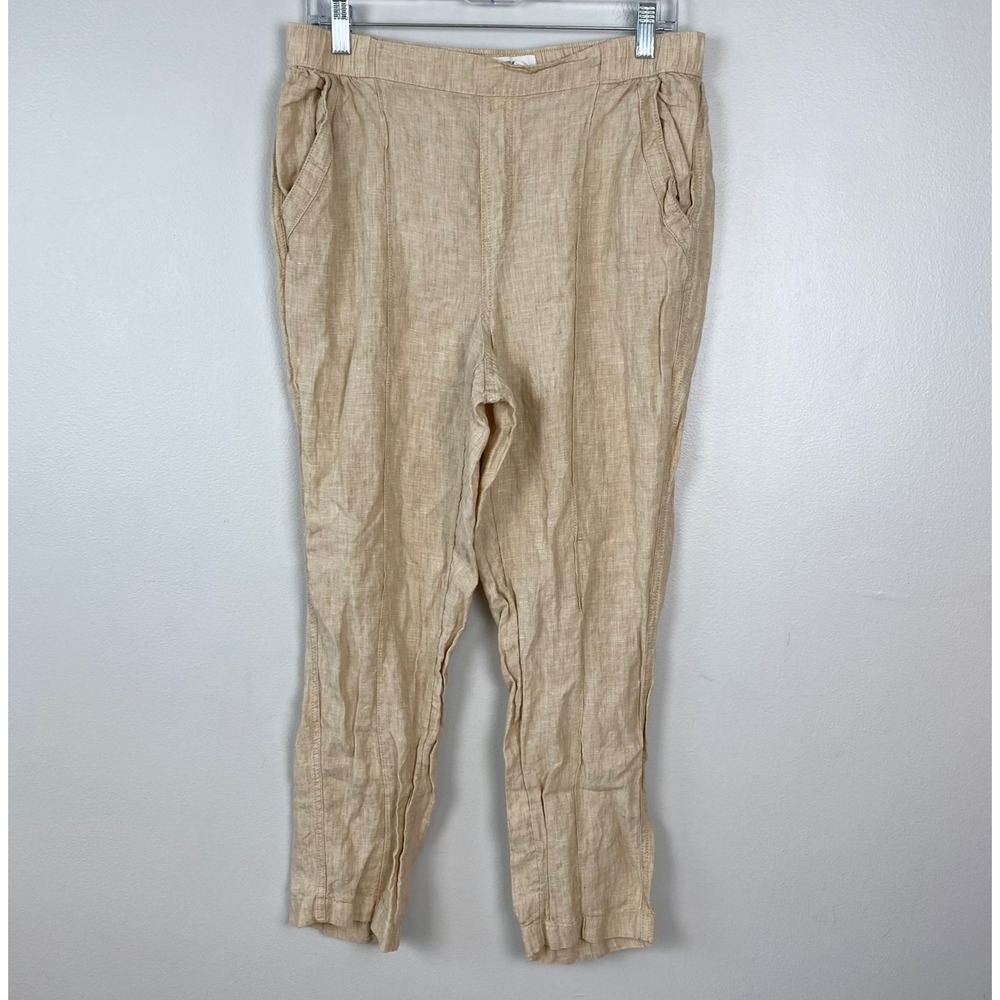 Nicole Miller Linen Pants Light Tan Cropped Tapered Leg Coastal Beachy Large